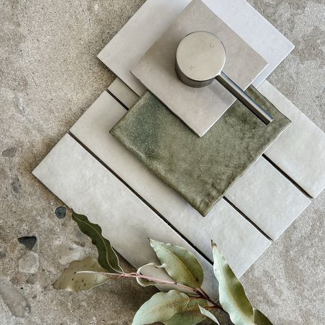 Nature will never go out of style, so you can bet any space inspired by it will be a timeless design solution to your interiors 🍃 This tile concept was inspired by natural elements like Eucalyptus and natural earth, and would truly bring the outside in with its organic look and feel 😍 Tiles @aspireceramics If you’re new here; 👉🏻 Like and follow to see the projects and behind the scenes I’ve been working on 👉🏻 Want to work with me? Head to my website to see what I’m all about Bathroom Timeless Tile, Timeless Guest Bathroom Ideas, Bathroom Materials Board, Japandi Restroom, Organic Bathroom Design, Organic Bathroom, Bathroom Color Palette, Home Paint Color, Small Bathroom Interior