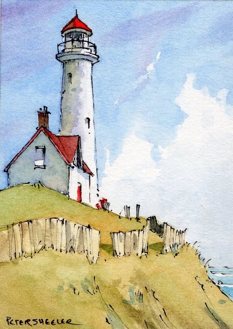 Peter Sheeler, Watercolor House Painting, Painting Ideas Easy, Watercolor Art Landscape, Lighthouse Painting, Lighthouse Art, Watercolor Architecture, Watercolor Paintings For Beginners, Watercolour Inspiration