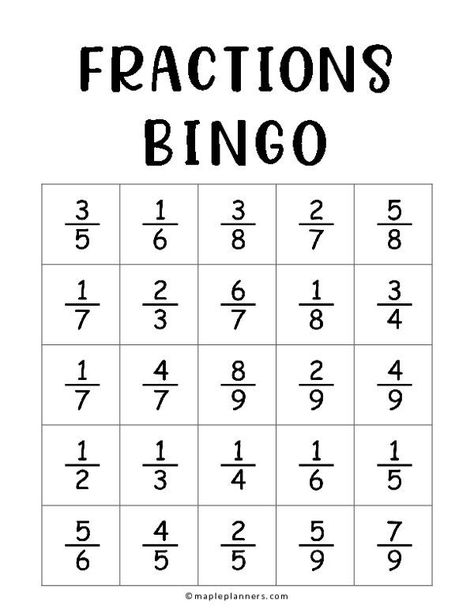 Fraction Bingo Free Printable, Fraction Bingo, Fraction Chart, Math Worksheets For Kids, Math Fractions Worksheets, Bingo Dabber, Bingo Games For Kids, Bingo For Kids, Free Printable Templates