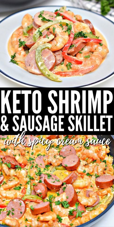 Creamy Spicy Keto Shrimp and Sausage Skillet #ketoshrimpandsausageskillet #shrimpandsausageskillet Low Carb Shrimp And Sausage Recipes, Keto Dinner Sausage Recipes, Keto Shrimp And Sausage Skillet, Creamy Keto Tuscan Sausage Skillet, Virta Keto Recipes, Shrimp And Sausage Keto Dinner, Keto Dinner Recipes With Shrimp, Keto Dinner Recipes Easy Low Carb Shrimp, Keto Cajun Shrimp And Sausage