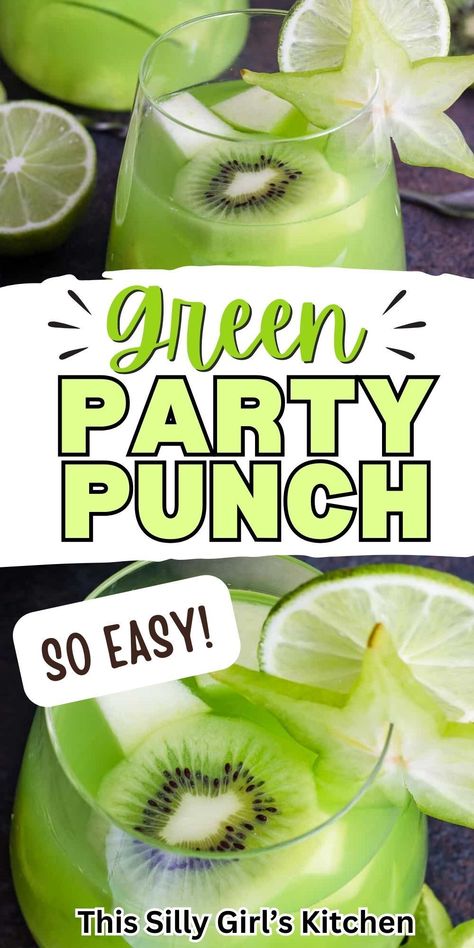 Introducing Green Party Punch from This Silly Girl's Kitchen. This easy and refreshing punch is guaranteed to be a hit at your next party. With its vibrant green color and delicious flavor, it's sure to impress your guests. Whether you're hosting a birthday bash, a backyard barbecue, or a casual get-together, this punch is the perfect way to quench everyone's thirst and spread some cheer. Green Alcoholic Drinks, Green Punch Recipes, Refreshing Punch, Green Lemonade, Green Punch, Non Alcoholic Punch, Green Snacks, Alcoholic Punch, Hawaiian Punch