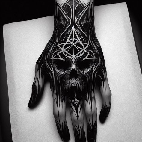 Blackwork Knife Tattoo, Demonic Hand Tattoos, Norse Hand Tattoos For Guys, Creepy Hand Tattoos, Blacked Out Tattoo Cover Up, Tattoo Hand Men, Cover Up Tattoos For Men, Full Neck Tattoos, All Black Tattoos