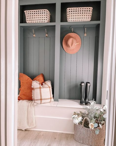 Mudroom Nook, Mudroom Paint, Mudroom Paint Color, Closet Nook, Entry Nook, Moody Paint, Functional Mudroom, Vertical Shiplap, Mudroom Closet