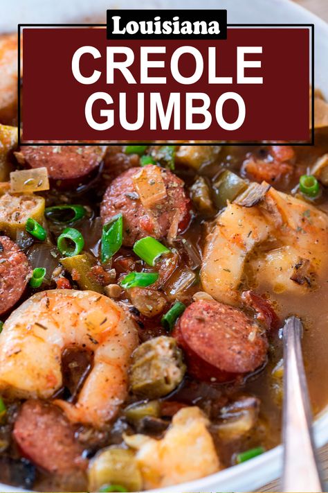 Closeup of a bowl of creole gumbo with a spoon in it. Crockpot Gumbo With Okra, Texas Gumbo Recipe, Gumbo Recipe Crockpot Okra, Justin Wilson Gumbo Recipe, Gumbo Recipe Authentic Seafood, Smoked Gumbo Recipe, Creole Style Shrimp And Sausage Gumbo, Easy Gumbo Recipe Louisiana, Dutch Oven Gumbo Recipes