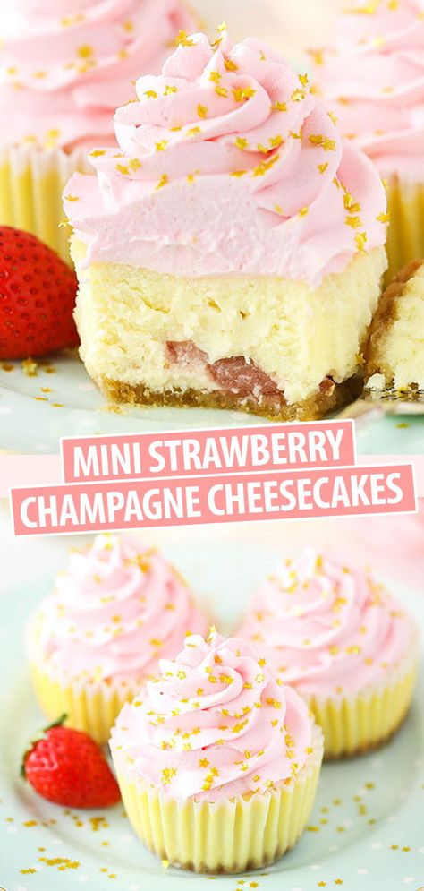 This festive recipe for Mini Strawberry Champagne Cheesecakes is full of champagne and strawberry flavor and perfect for New Year’s Eve! Their mini size makes them perfect for sharing with a crowd! Strawberry Champagne Cheesecake, New Year Day Dessert Ideas, Birthday Treat Ideas For Adults, New Years Eve Party Desserts, New Year’s Eve Cheesecake, New Years Cheesecake, New Years Baking Ideas, New Year’s Eve Dessert Ideas, New Year’s Eve Desserts