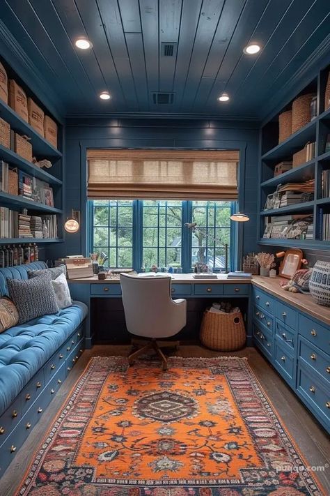 Study Renovation Ideas, Stair Landing Office Space, Harry Potter Themed Home Library, Loft Study Room, Office Library Combo Cozy, Middle Room Ideas, Office Library Guest Room Combo, Cozy Office Design, Inhouse Library