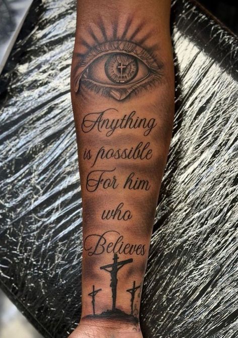 Should Tattoo Men, Cross Half Sleeve Tattoo Men, Bible Verse Tattoo Design, Four Arm Tattoo For Men, Men’s Tattoos Arm Sleeve, Forearm Tattoo Men Sleeve Bible Verse, Men’s Bible Verse Tattoos, Anything Is Possible Tattoo, All Arm Tattoo