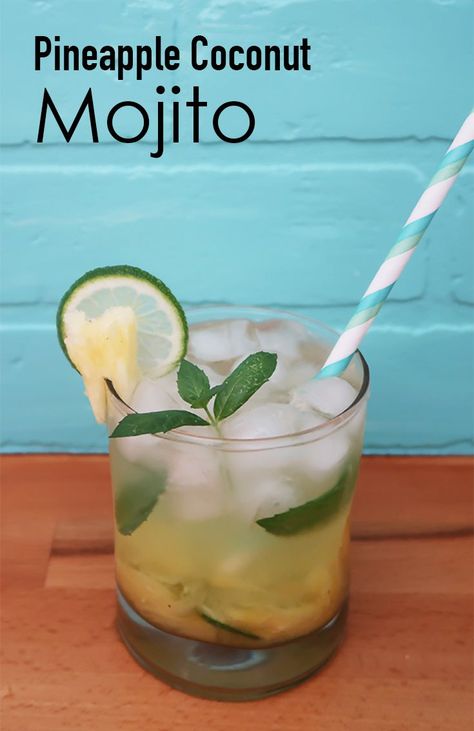 Pineapple Coconut Mojito recipe. Perfect cocktail for a hot summer day. Coconut Mojito Recipe Pitcher, Pineapple Coconut Mojito, Coconut Mojito Recipe, Titos Vodka Recipes, Mojito Recipe Pitcher, Blue Punch Recipe, Mojito Drink, Coconut Mojito, Virgin Mojito