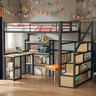 Artsy Full Size Metal Loft Bed with Desk and Metal Grid, Stylish Metal Frame Bed with Lateral Storage Ladder and Wardrobe, White - Bed Bath & Beyond - 40280140 Built In Desk And Shelves, Loft Bunk, Desk And Shelves, Metal Loft Bed, Kids Loft, Loft Bed Frame, Work And Study, Kids Loft Beds, Craft Area