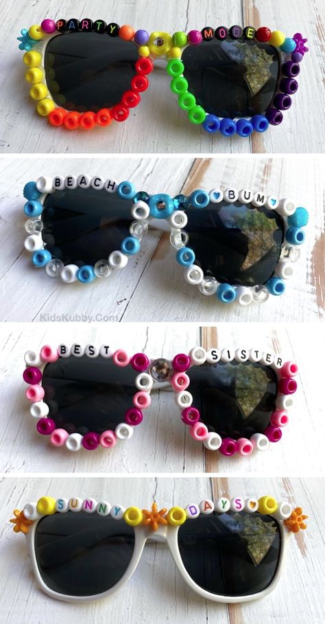 Fun and easy craft idea for kids and teens to make at home when boredThey are going to love this simple project using beads and a hot glue gunThese DIY beaded sunglasses are great for parties and photo boothsThey're cute enough to make and sell Sunglasses With Beads, Teen Summer Crafts, Diy Sunglasses, Diy Glasses, Beaded Sunglasses, Craft Projects For Kids, Camping Crafts, Cool Sunglasses, Fun Diy Crafts