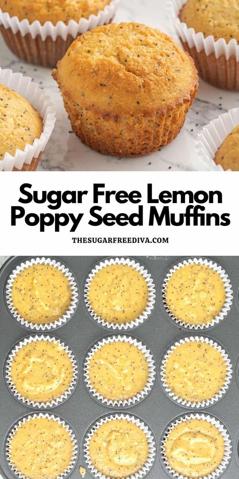 Sugar Free Lemon Poppy Seed Muffins, a keto low carb and diabetic friendly recipe for a perfect breakfast or snack idea. Lemon Poppy Muffins, Low Sugar Muffins, Sugar Free Muffins, Sugar Free Desserts Easy, Lemon Poppy Seed Muffins, Healthy Low Carb Snacks, Seed Muffins, Sugar Free Baking, Sugar Free Recipes Desserts