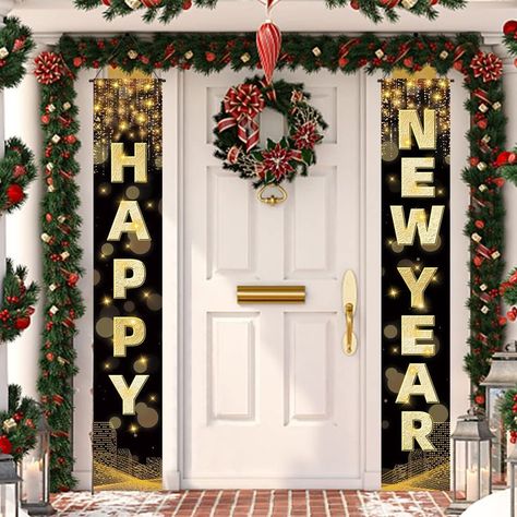 Labeol Happy New Year Banner,72 x 12 Inch Large New Year Front Door Porch Sign Hanging Banner Decorations New Years Eve Party Supplies 2023,Happy New Year Decorations for Outdoor Indoor Home Wall Gold Table Runners, An Nou Fericit, Happy New Year Banner, Gold Door, Porch Doors, Hanging Flag, New Year Banner, Door Porch, Front Door Porch