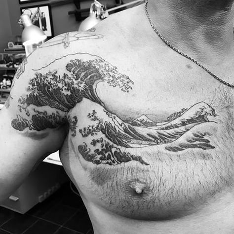 Wave Tattoo Chest, Wave Chest Tattoo, Great Wave Tattoo, Raiders Tattoos, Japanese Wave Tattoos, Hokusai Great Wave, Wave Tattoo Design, Tattoo Chest, Sea Tattoo