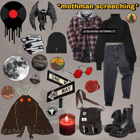 Cryptid Core Clothes, Mothman Aesthetic Outfit, Paranormal Investigator Aesthetic Outfits, Mothman Inspired Outfit, Cryptid Hunter Aesthetic Outfit, Cryptic Outfit, Mothman Outfit, Ghost Hunter Aesthetic Outfit, Mothman Oc