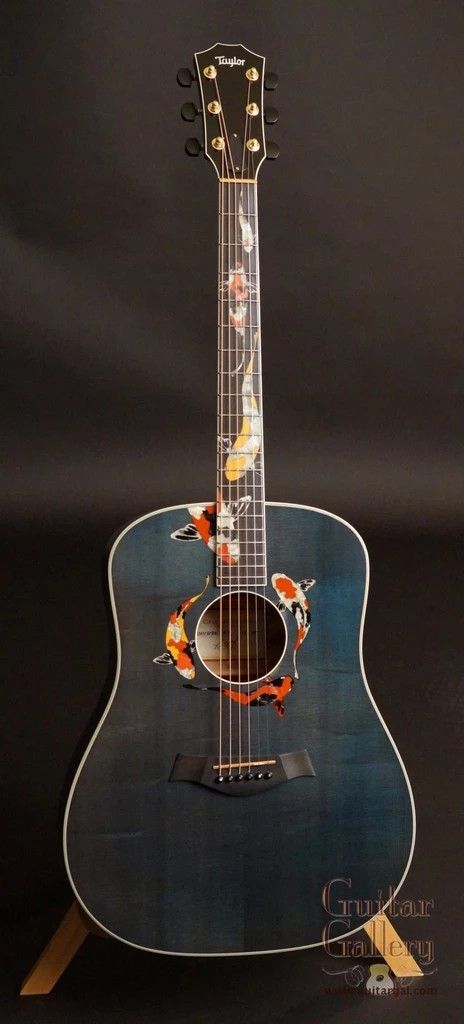 Taylor Koi Fish Guitar, Koi Guitar, Nature Guitar, Custom Acoustic Guitar Design, Painted Acoustic Guitar Ideas, Custom Ukulele Design, Guitar Designs Acoustic, Koi Fish Guitar, Acoustic Guitar Design Ideas