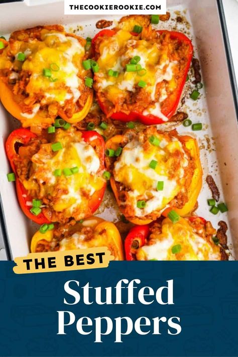 Stuffed Peppers is a classic recipe of rice, beef, spices, and tomato sauce all cooked and stuffed inside of bell peppers and topped with melty cheese. This easy stuffed peppers recipe makes the perfect healthy lunch to meal prep and bring to work! This healthy recipe is also a great dish for the whole family to incorporate more vegetables into meals! Betty Crocker Stuffed Peppers Recipe, Delicious Stuffed Peppers, One Pot Stuffed Peppers, Stuffed Bell Peppers Small Batch, Stuffed Peppers With Sweet Potato, Recipe For Stuffed Green Peppers, Stuffed Bell Peppers With Corn, Stuffed Bell Peppers With Cooked Rice, Recipe Stuffed Bell Peppers