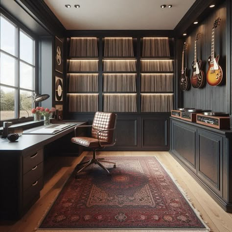 Home Office And Piano Room, Moody Guitar Room, Office With Guitars, Music Inspired Office, Home Office Music Studio, Masculine Music Room, In Home Music Studio, Office And Music Room Combo, Dark Music Studio