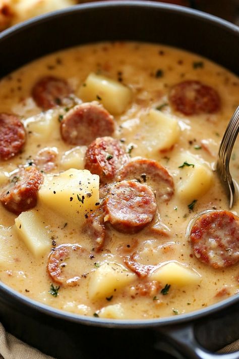 Creamy Italian Sausage And Potato Soup - Easy DIY Recipes Kielbasa Potato Soup, Crispy Sausage, Kielbasa Soup, Gf Soups, Sausage Potato Soup, Sausage Muffins, Soups To Make, Sausage Potato, Soup Stew Recipes