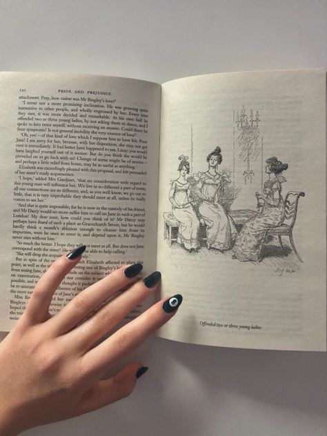 black nails; billiard 8 nail design; nail design inspo; nail inspiration; the book in the background is called “Pride and Prejudice”. Billiard Nail Design, Pride And Prejudice Nails, Billiard Nails, Book Nails, Pride And Prejudice Book, Book Background, Nail Photos, Pride And Prejudice, A Background