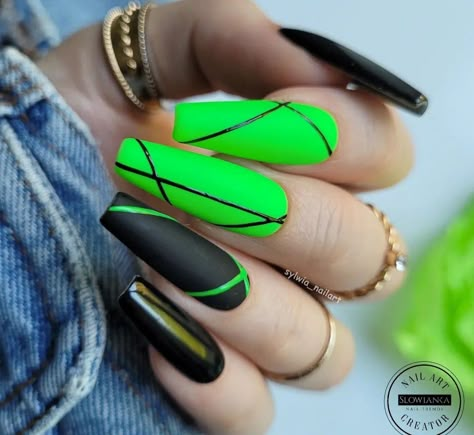 Neon Pink Green And Black Nails, Matte Neon Green Nails, Lime Green Nails With Black, Black Lime Green Nails, Crazy Green Nails, Black N Green Nails, Bright Green And Black Nails, Black And Green Nails Coffin, Black Neon Nail Designs