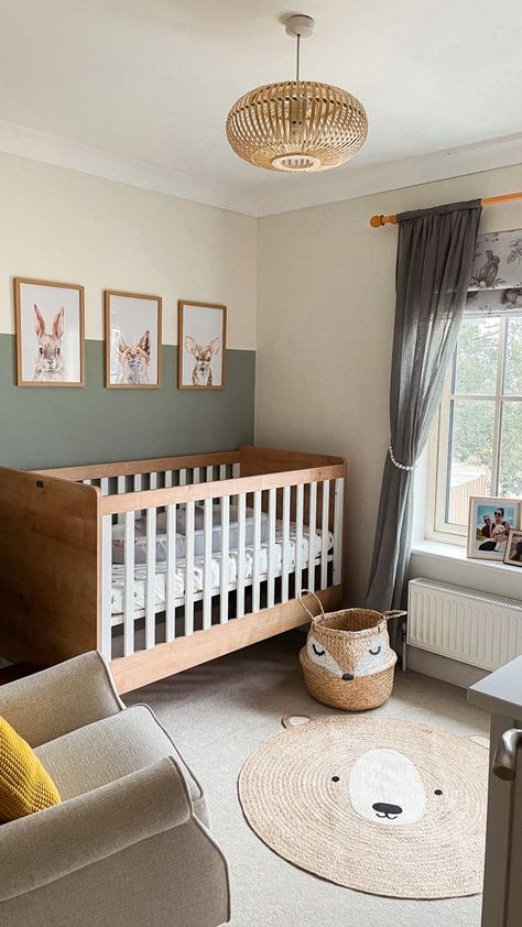 #nurseryideas #ikeanursery #babyboyroom Nursery With Green Curtains, Green Half Wall Nursery, Woodland Nursery Wall Color, Sage Nursery Wall, White And Sage Nursery, Woodland Green Nursery, Sage Woodland Nursery, Dulux Heritage Sage Green, Sage And White Nursery