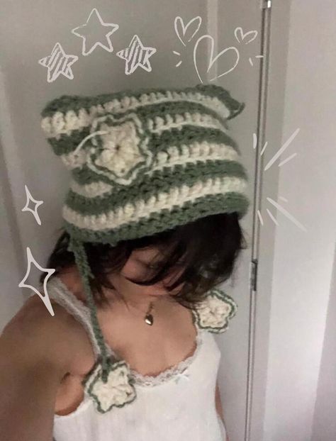 custom handmade cat ear beanie, very stylish and warm! Want custom colors? Just DM me! Crochet Cat Beanie With Strings, Crochet Sweater For Cat Free Pattern, Crocheted Cat Beanie, Crochet Cat Beanie Aesthetic, Cute Beanies Crochet, Cute Green Clothes, Crochet Hat Cat Ears, Things To Crochet With Green Yarn, Crochet Ideas Hat