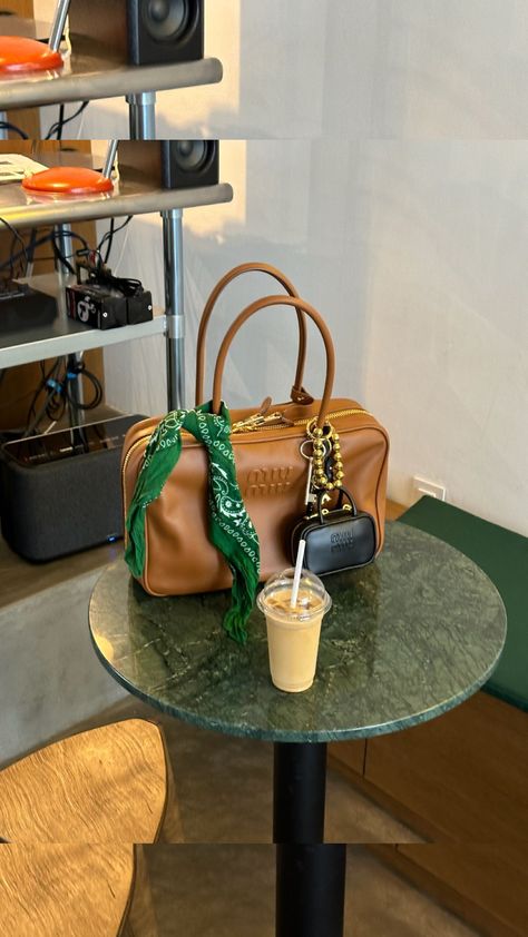 #miumiu #fallbag #icedcoffee Arcadie Bag Miumiu Outfit, Miumiu Aesthetic, Fall Bags, Miu Miu Bag, Bag Charms, Bags Aesthetic, Bag Style, Miu Miu, Fashion Bags