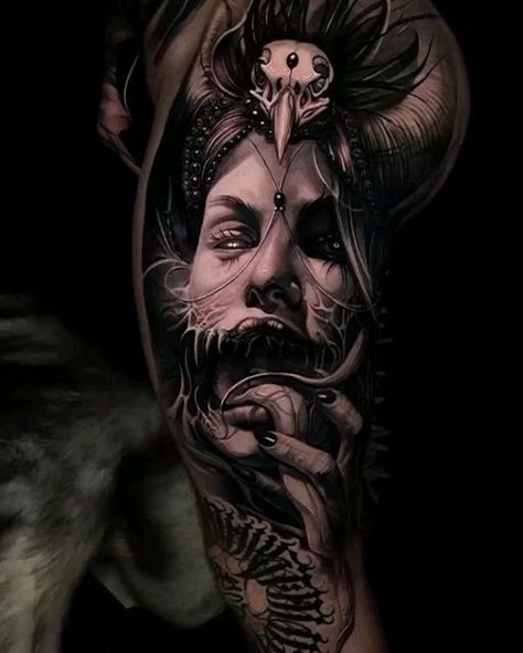 Scary Realism Tattoo, Horror Realism Tattoo, Dark Horror Tattoo, Dark Realism Tattoo Design, Realism Sleeve Tattoo, Dark Art Tattoo Ideas, Dark Realism Tattoo, Demonic Tattoos, Horror Tattoo Design