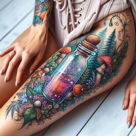 Magic Potion Tattoos: Brew Up Your Dream Ink with These Ideas | Pocoko Magical Sleeve Tattoo, Fairy Scene Tattoo, Fairy Tattoo Thigh, Mystical Forest Tattoo, Apothecary Tattoo Ideas, Enchanted Tattoo Ideas, Whomping Willow Tattoo, Magic Potion Tattoo, Silhouette Tattoo Ideas