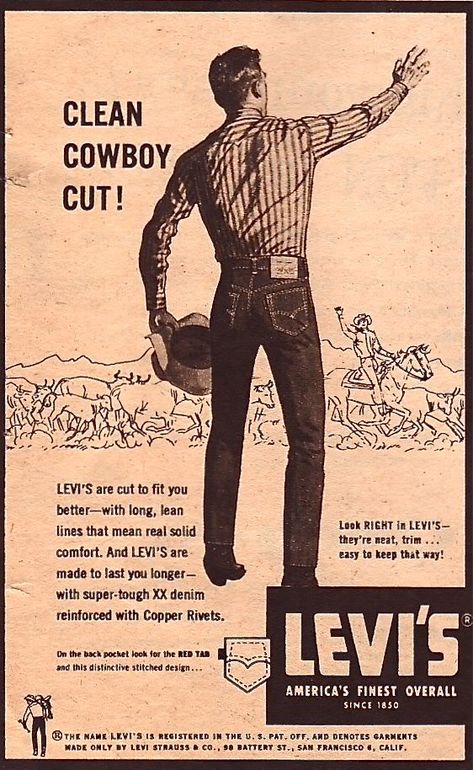 1958 Levi advert Vintage Clothing Poster, 50s Fashion Men, Jeans Ads, Denim Ads, Cowboy Artists, Vintage Advertising Art, Workwear Vintage, People Figures, Timeless Outfits