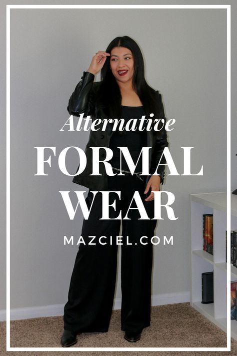 Insanely Good Alternative Formal Wear Must Haves - Mazciel Formal But Not Too Formal Outfit, Black Formal Women Outfit, Semi Formal Black Pants Outfit For Women, Emo Wedding Guest Outfit, Semi Formal Pants Outfit For Women Party, Formal Banquet Outfit, Formal Gala Outfits For Women, Semi Formal Event Outfit, Black Outfits Work