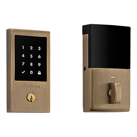 Minneapolis Touchscreen Z-Wave Deadbolt - Satin Brass & Black | Baldwin Hardware Garage Entry Door, Black Door Hardware, Baldwin Door Hardware, Baldwin Hardware, Home Automation System, Brass Door, Keyless Entry, Satin Brass, Door Lock