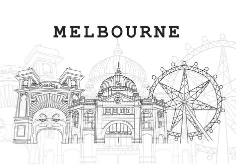 Melbourne Landmark Background Illustration Australia Drawing, Melbourne Tattoo Ideas, Melbourne Drawing, Melbourne Skyline Tattoo, Melbourne Illustration, Sydney Illustration, Melbourne Skyline Drawing, Train Vector, Melbourne Map