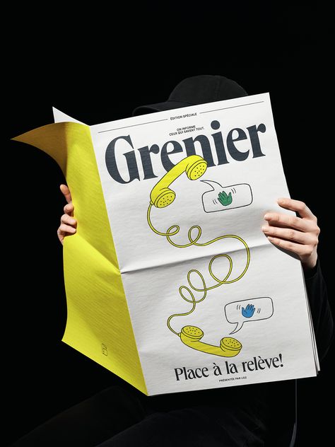 Revitalizing Grenier brand identity and editorial design Brand Identity Colors Green, Illustration Editorial Design, Brand Identity Illustration, Cool Brand Identity, Sticker Branding, Editorial Graphic Design, Editorial Branding, Editorial Art, Newspaper Design