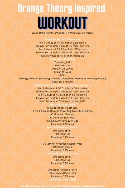 Orange Theory Style Workout Orange Theory Workout At Home, Orange Theory Fitness Workout, Orange Therapy Workout, Orange Theory Treadmill Workout, Camping Workouts, Otf Workouts, Orangetheory Workout, Fitness Chart, Quick Full Body Workout