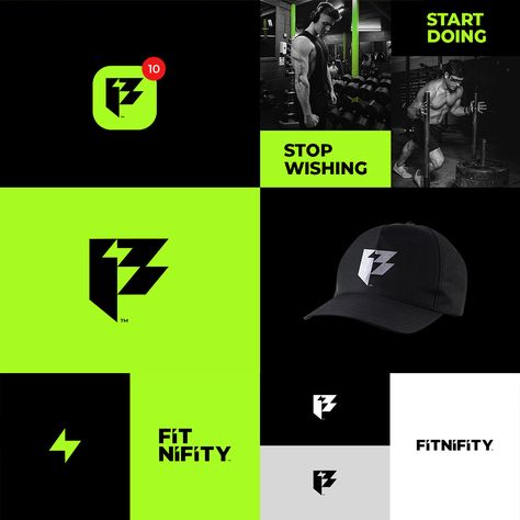 Fitnifity™ — Sport Club | Logo design . The shape of the logo was designed on three letters f + i + t to form fit in addition to the thunderbolt indicating strength and power, with sharp edges to give the formation of strength to the sport that guides us. The logo features a stylized and modern Bold and Minimal design of the letter "F", which represents the first letter of the brand name. Crossfit Logo Design Ideas, Power On Logo, Sport Branding Design, Sport Club Design, Gym Branding Design, Sport Club Logo, Strength Logo, Gym Branding, Thunderbolt Logo