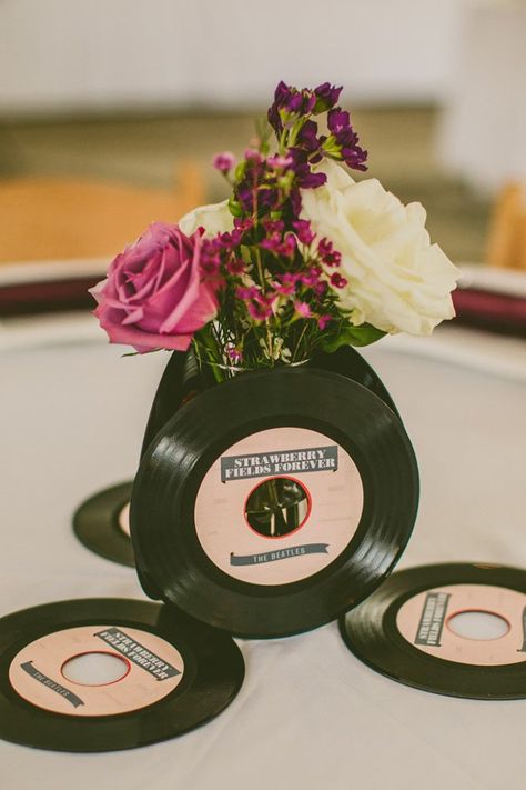 Beatles Themed Aviary Wedding | Glamour & Grace Wedding Centrepieces, Music Centerpieces, Beatles Party, Music Themed Wedding, 70s Party, Music Party, Music Themed, Disco Party, Wedding Themes