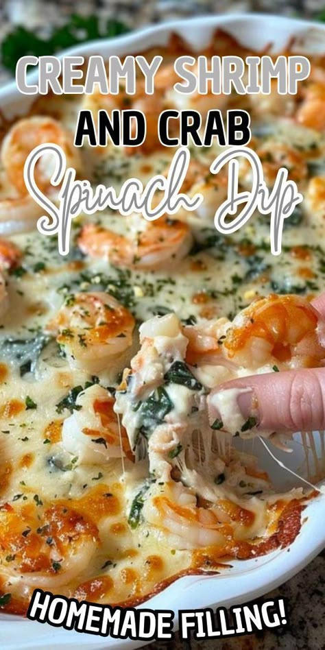 Creamy Shrimp and Crab Spinach Dip. Imagine a warm, bubbling blend of tender shrimp, succulent crab, and rich cream cheese, perfectly balanced with fresh spinach and a hint of garlic. This dip is not just a crowd-pleaser; it’s a showstopper that will elevate any gathering. Whether you’re hosting a casual get-together or a festive party, this dip promises to be the star of the table, leaving everyone craving for more. Cheesy Baked Shrimp Dip, Rich And Creamy Shrimp And Crab Dip, Baked Seafood Dip With Crab And Shrimp, Red Lobster Spinach Artichoke Dip, Crab And Shrimp Dip Recipes, Creamy Crab Spinach Dip, Creamy Shrimp Crab Spinach Dip, Creamy Shrimp And Crab Spinach, Oven Baked Shrimp Casserole With Cheese