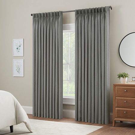 Bring intricate elegant style to your windows with the Waverly Serendipity 10-pinch-pleat Rod Pocket Light Filtering Window Curtain Panel Collection. These curtains feature graceful pleats on a solid colored panel. These curtains are light filtering, meaning they still allow some visible light through.Hanging options for the this curtain: Hang with back tabsHang with hooksHang with clip rings Number of Panels: 1Included: 1 Panel(s)Top Construction: Pinch PleatTop Opening: 1 1/4 In Rod PocketUse… Single Pleat Curtains, Types Of Curtains Style, Curtain Pleats Styles, Curtains Style, Types Of Curtains, Quality Curtains, Grey Panels, Pleated Curtains, Big Windows