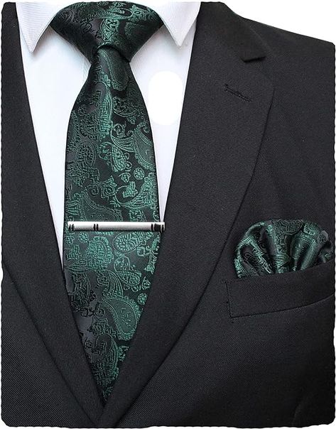 Amazon.com: JEMYGINS Dark Green Paisley Tie Wedding Business Silk Necktie and Pocket Square, Hankerchief with Tie Clip Sets for Men(7) : Clothing, Shoes & Jewelry Slytherin Wedding, Clip Dark, Emerald Green Wedding Theme, Dark Green Wedding, Paisley Wedding, Dark Wedding Theme, Green Themed Wedding, Emerald Green Weddings, Dark Wedding