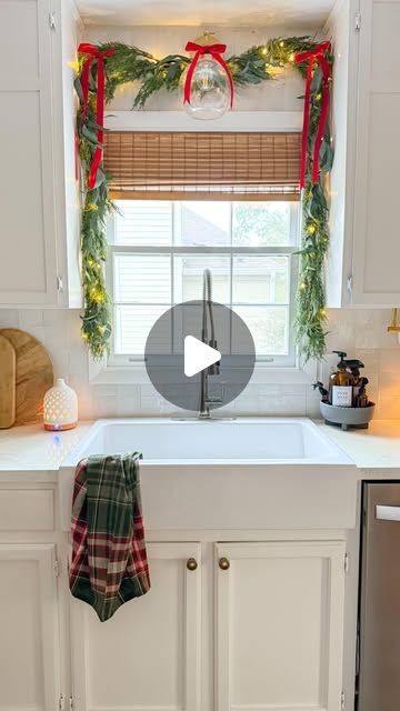 Tiffany Castleberry on Instagram: "My Christmas Kitchen window garland 🎄
Comment: WINDOW for the link to the supplies I used. 

I used:
•Two 6 ft cedar garlands 
•Two strands of battery twinkle lights 
•Velvet ribbon bows 
•Greenery pieces I cut from a eucalyptus garland 

All held in place by three command hooks. 

Comment WINDOW below to receive a DM with the link to shop this post on my LTK ⬇ https://liketk.it/4Z7vI 

#kitchen #kitchendesign #christmasdecor #christmaskitchen #garland #bowseason  #ltkhome #ltkseasonal #ltkholiday" Garland Around Kitchen Window, Kitchen Window Garland, Christmas Kitchen Window, Window Garland, Bow Season, Eucalyptus Garland, Command Hooks, Over The Sink, Kitchen Window