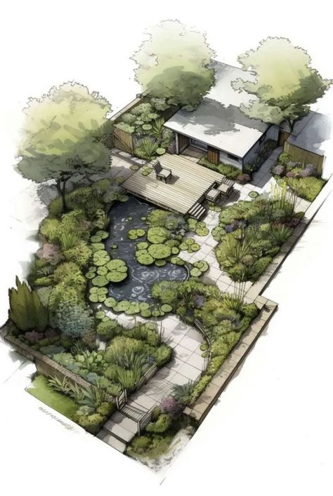 Japanese Garden Concept Art, Sketchup Garden Design, Jardin Permaculture Design, Zen Garden Plan, Landscape Representation, Jade Design, Landscape Design Drawings, Landscape Architecture Drawing, Seni Dan Kraf