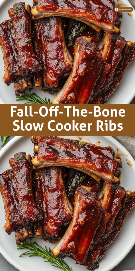 Create fall-off-the-bone ribs with this easy slow cooker recipe! Season, slow cook, and finish with a BBQ sauce glaze in the oven. These ribs are tender, flavorful, and simply irresistible! How To Cook Beef Ribs In The Crock Pot, Easy Slow Cooker Ribs Recipe, Bbq Ribs In Slow Cooker, Slow Cook Oven Ribs, Ribs In Oven Fall Off The Bone Crock Pot, Southern Ribs Recipe Oven Baked, Oven Cooked Ribs Slow, Ribs In The Slow Cooker, Slow Cooker Recipes Ribs