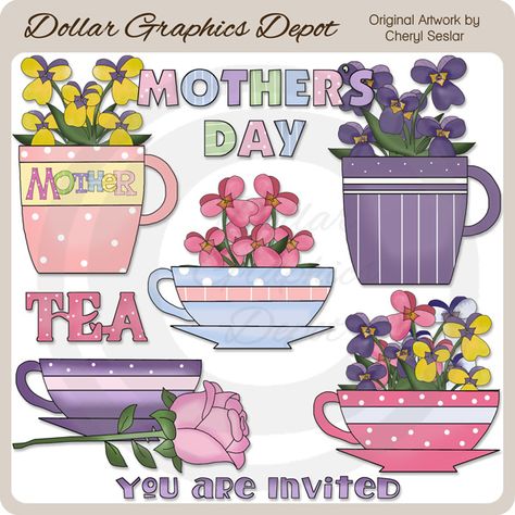 Mother's Day Tea Clip Art - Only $1.00 at www.DollarGraphicsDepot.com : Great for printable crafts, scrapbook pages, Mother's Day greeting cards, gift boxes / bags, gift tags / labels, embroidery patterns, Post-It-Note Holders, tea bag covers, tea coasters, and lots more! Painted Tea Cups, Coffee Clipart, Alphabet Nursery, Tea Party Favors, Unicorn Valentine, Tea Party Invitations, Pink Coffee, Tea Coaster, Note Holders