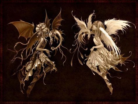 Gemini Press | Gemini and the Split Personality Angel Y Diablo, Evil Fairy, Fairy Wallpaper, Fairy Images, Angel Wallpaper, Dark Angels, Ange Demon, Fairy Pictures, Fairy Tattoo