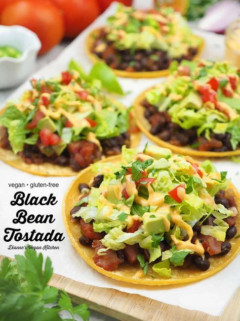 Need a quick and easy dinner for busy weeknights? Look no further than this super easy black bean tostada. Dinner's ready in just about twenty minutes! This recipe is super easy to make and it's easy to customize to your liking. It's vegan and gluten-free. Black Bean Tostada Recipes, Black Bean Tostada, Vegan Tostadas, Bean Tostada, Gf Lunch, Summer Supper, Meatless Meals Healthy, Tostada Recipes, Vegan Mexican Recipes