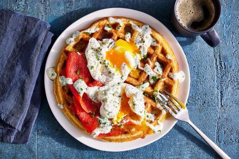 Basil-and-Corn Cornmeal Waffles Tater Tot Waffle, Cornmeal Waffles, Banana Waffles, Crispy Waffle, Easter Brunch Food, Belgian Waffles, Mothers Day Brunch, Corn Recipes, Waffle Recipes