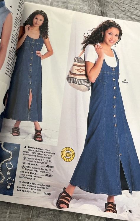 1990s Dresses Casual, 90s Jean Dress Outfit, Vintage Denim Dress Outfit, 90s Mom Aesthetic Fall, 90s Denim Dress Outfit, 90s Maxi Dress Outfit, Denim Maxi Dress Outfit, Long Denim Dress Outfit, 90s Mom Outfit