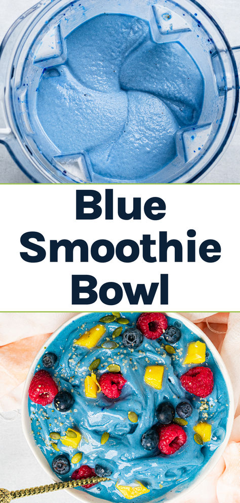 A vegan blue smoothie bowl in both a blender and a bowl. Blue Acai Bowl Recipe, Blue Smoothie Bowl Recipe, Blue Majik Smoothie Bowl, Blue Bowl Recipes, Blue Spirulina Smoothie Bowl, How To Make Acai Bowl, Smothies Bowls Recipe, Smoothie Bowls Aesthetic, Breakfast Bowls Healthy