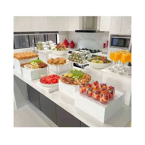 Appetizer Table Display, Wedding Buffet Table Decor, Food Risers, Buffet Food Display, Party Buffet Table, Food Display Table, Food Display Stands, Catering Food Displays, Dessert Display Stand